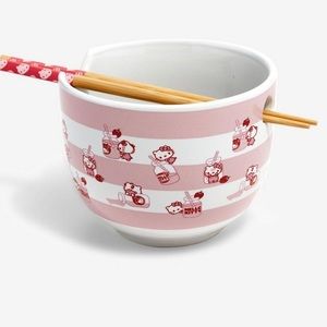 Sanrio Hello Kitty Strawberry Milk Striped Ramen Bowl with Chopsticks